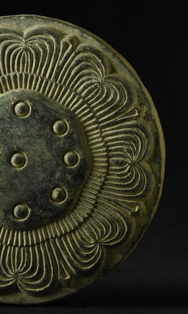 Full view of Muromachi period Japanese ceramic lotus roof tile on metal stand