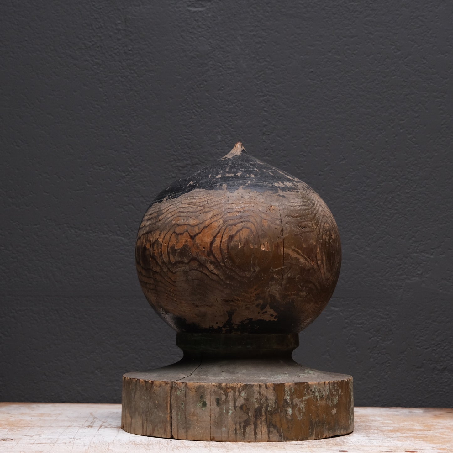 Three-quarter view of wooden giboshi bridge post finial, large bridge origin
