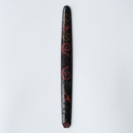 Ainu ikupasuy prayer stick in black lacquer painted with scrolling stems, red commas and gold rosettes, view 1 of 12