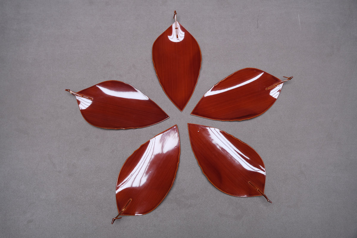 Set of five lacquered leaf-shaped plates with their original box, view 2 of 12