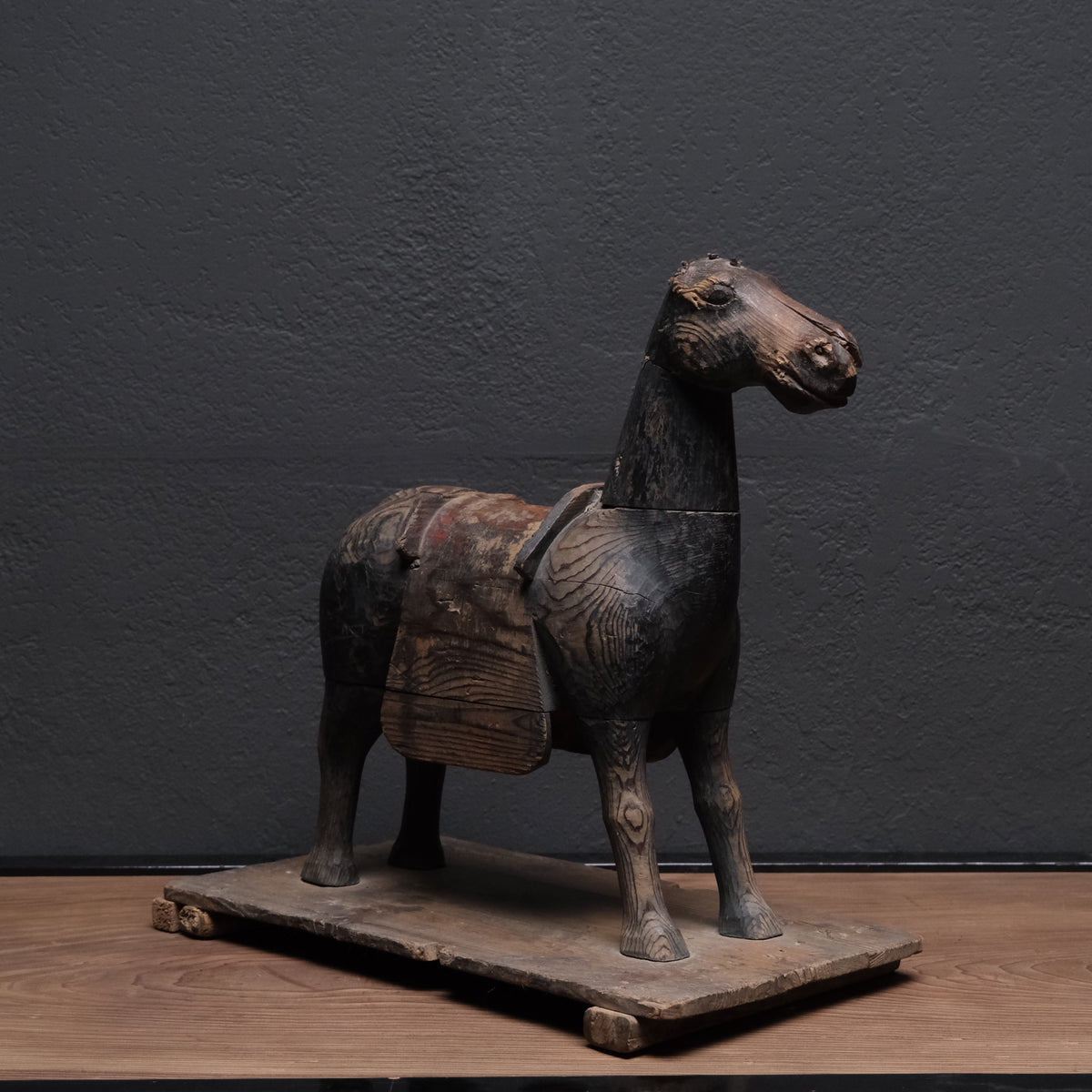 Carved wooden votive horse (shinme) from a Shinto shrine, on an inscribed Meiji-period base, view 7 of 21