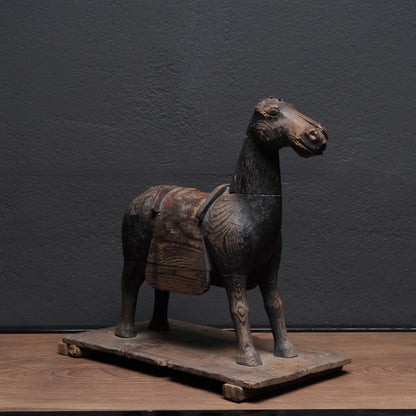 Carved wooden votive horse (shinme) from a Shinto shrine, on an inscribed Meiji-period base, view 7 of 21