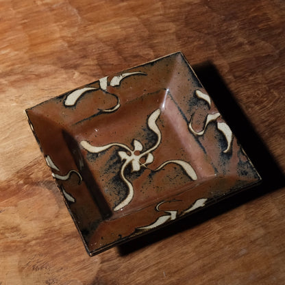 Shoji Hamada square stoneware dish with kaki glaze and wax-resist floral design, view 6 of 12