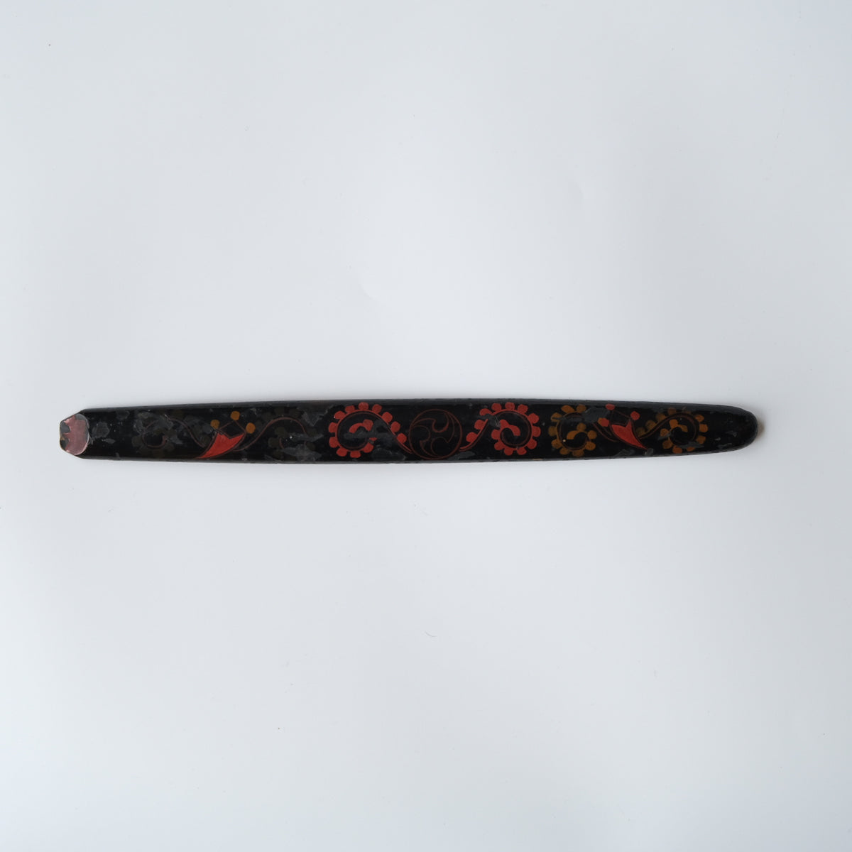Ainu ikupasuy prayer stick in black lacquer painted with scrolling stems, red commas and gold rosettes, view 2 of 12