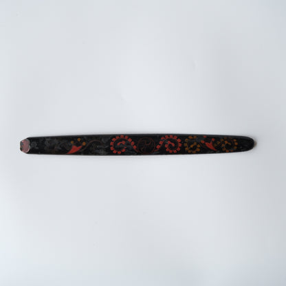 Ainu ikupasuy prayer stick in black lacquer painted with scrolling stems, red commas and gold rosettes, view 2 of 12