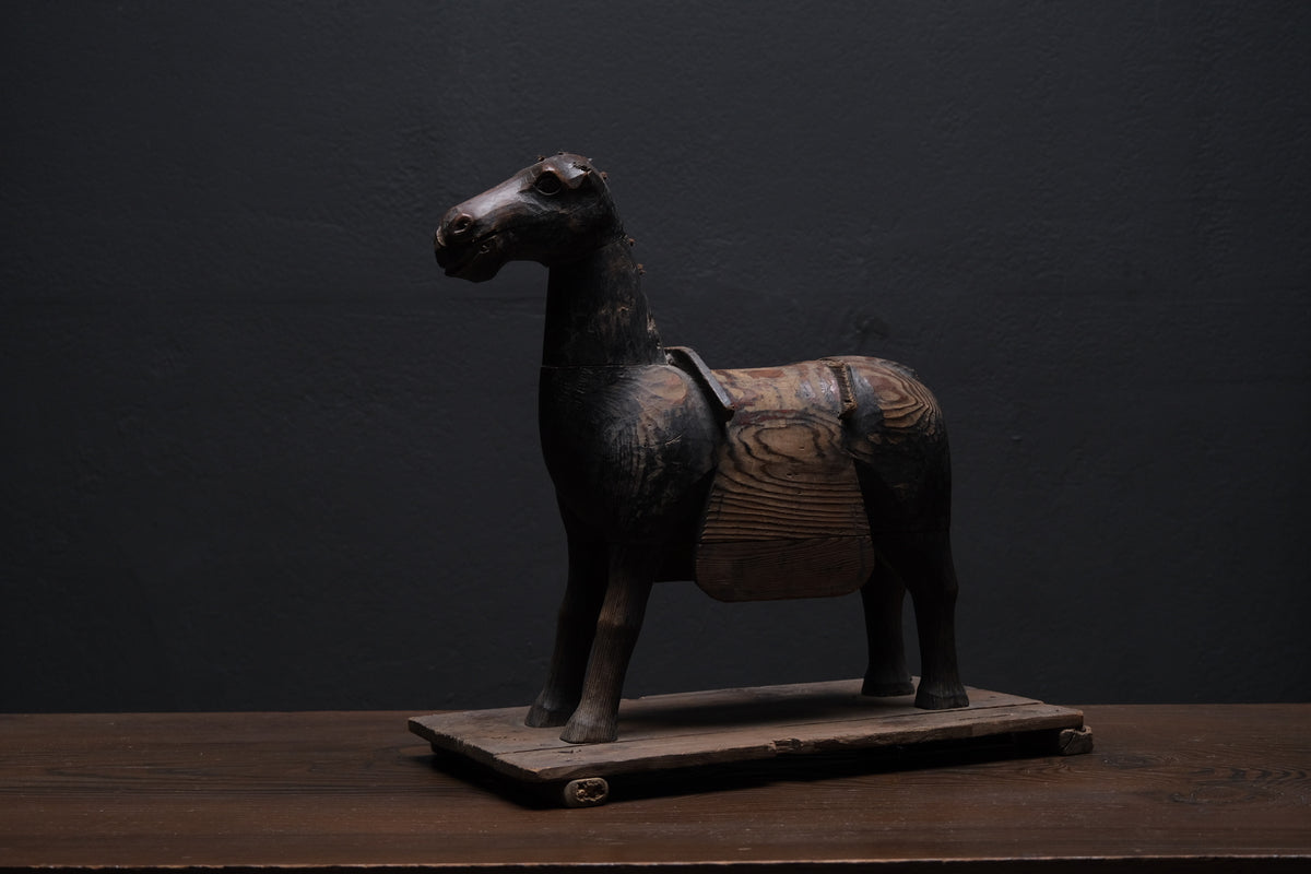 Carved wooden votive horse (shinme) from a Shinto shrine, on an inscribed Meiji-period base, view 5 of 21