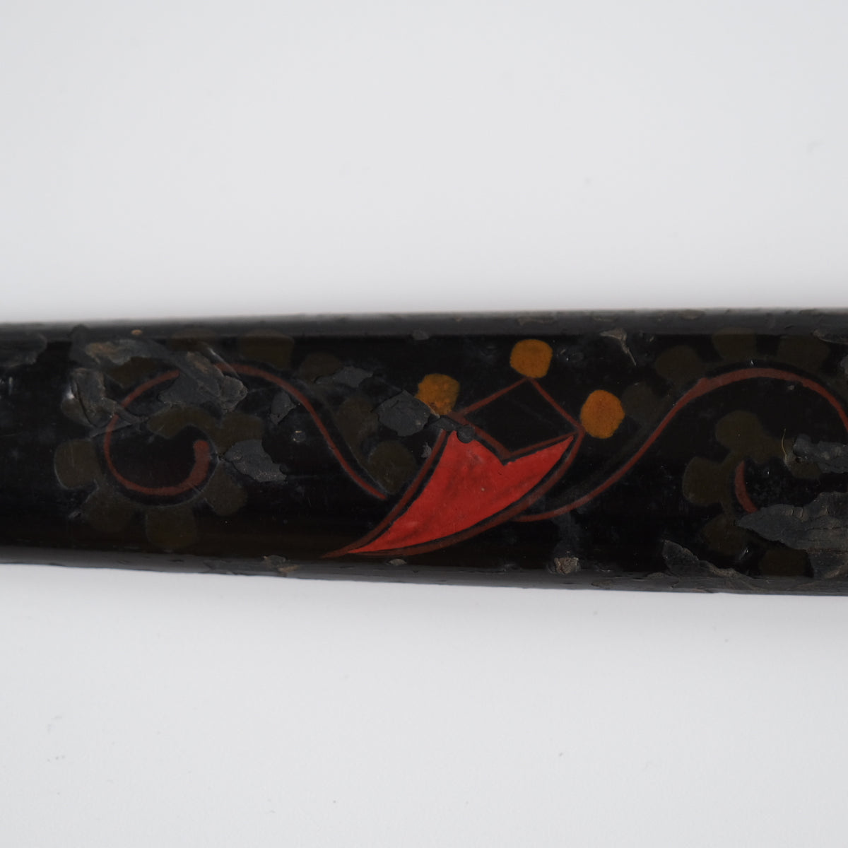 Ainu ikupasuy prayer stick in black lacquer painted with scrolling stems, red commas and gold rosettes, view 5 of 12