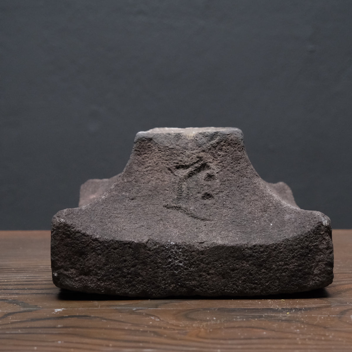 Weathered stone gorinto, a five-element Buddhist memorial stupa inscribed with Sanskrit seed characters, view 10 of 12