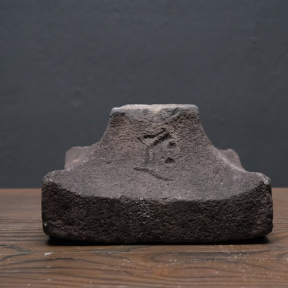 Weathered stone gorinto, a five-element Buddhist memorial stupa inscribed with Sanskrit seed characters, view 10 of 12