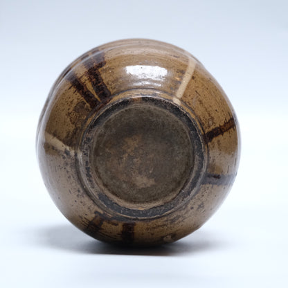 Edo period stoneware mizusashi (tea ceremony water jar) with trailing off-white and brown glazes and black lacquer lid, view 6 of 12
