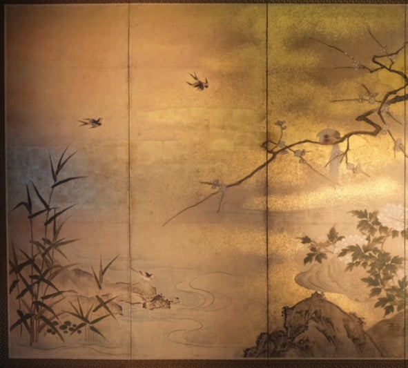 19th century Kano school six-panel screen second panel detail with bamboo