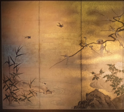 19th century Kano school six-panel screen second panel detail with bamboo