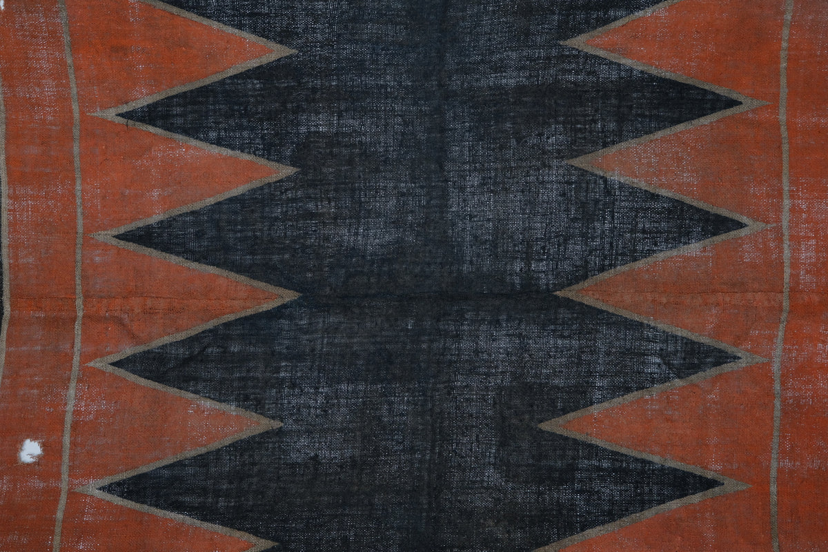Indigo tsutsugaki horse wrap (umakake) with orange sawtooth design, view 7 of 7