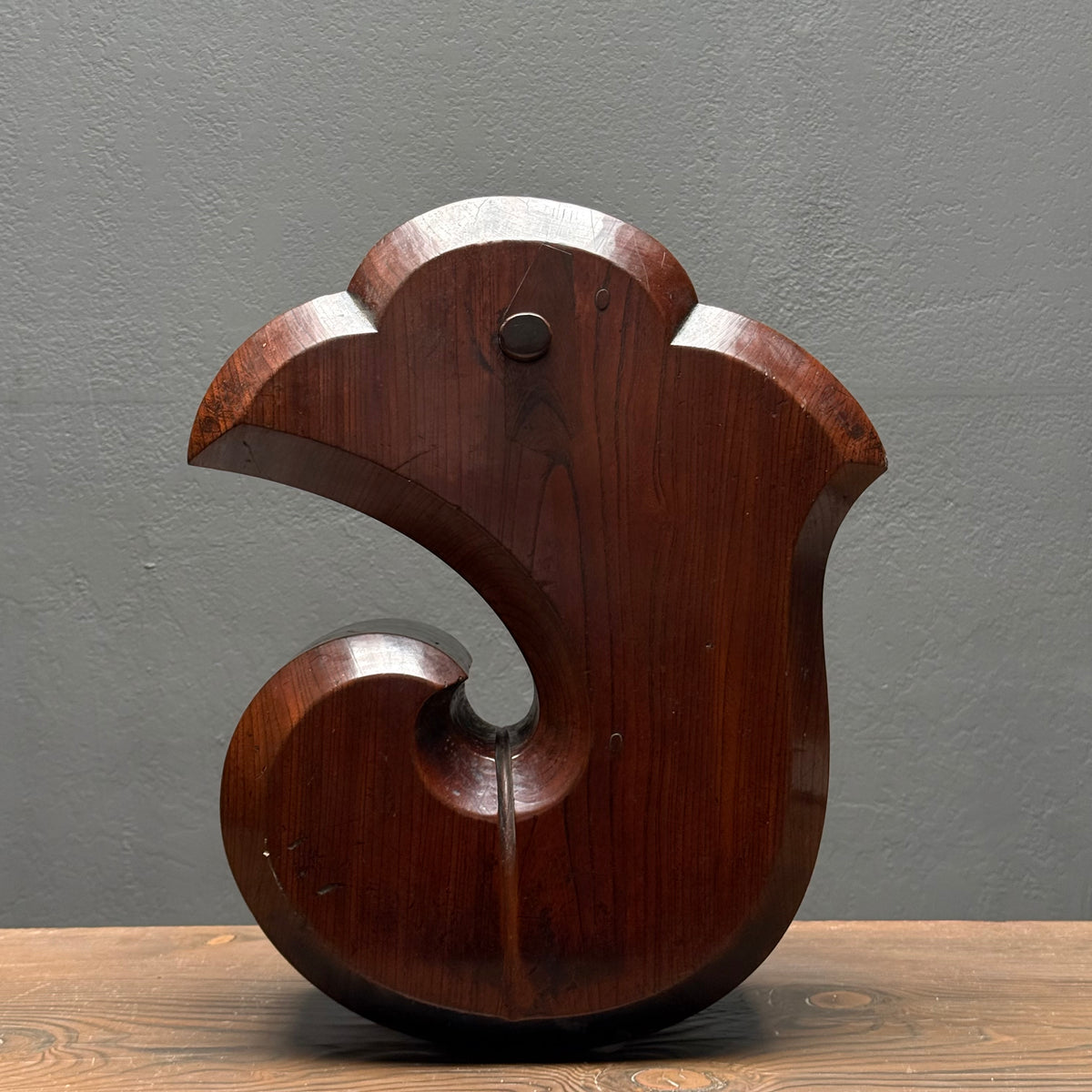 Large keyaki wood jizai hearth hook carved in a cloud form with near-black patina, view 13 of 13