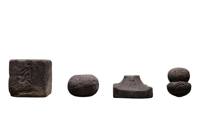 Weathered stone gorinto, a five-element Buddhist memorial stupa inscribed with Sanskrit seed characters, view 2 of 12