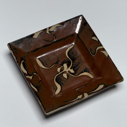 Shoji Hamada square stoneware dish with kaki glaze and wax-resist floral design, view 8 of 12