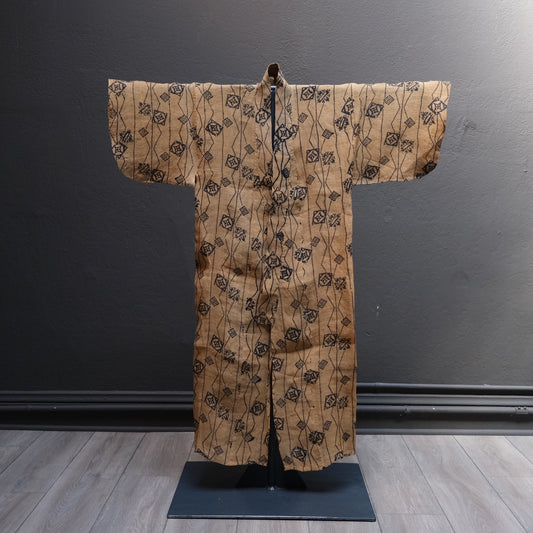 Okinawan bashofu banana fiber kimono with stencil-dyed geometric pattern