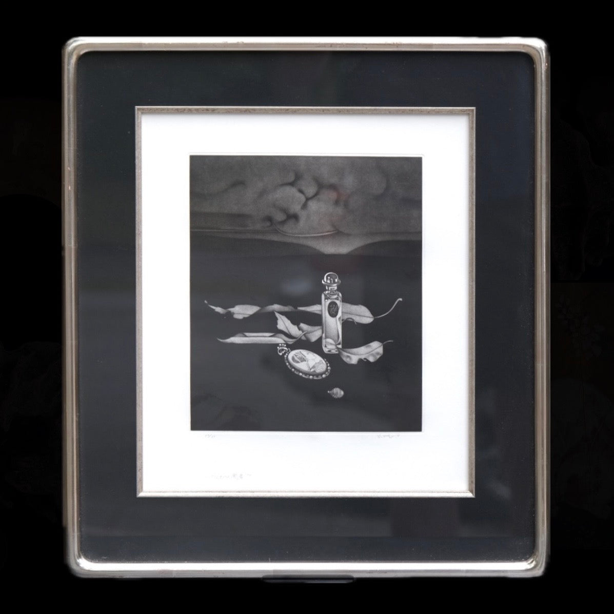 Kaoru Saito 1977 mezzotint still life with framed mat, Japanese printmaker