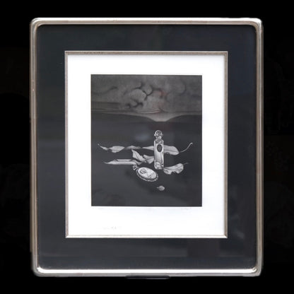Kaoru Saito 1977 mezzotint still life with framed mat, Japanese printmaker