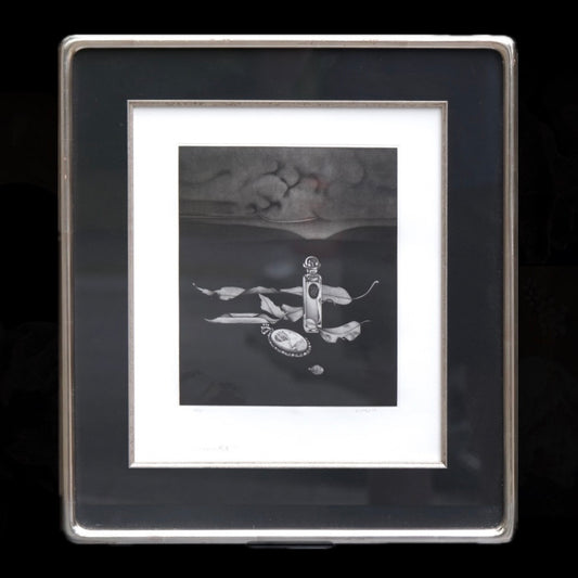 Kaoru Saito 1977 mezzotint still life with framed mat, Japanese printmaker