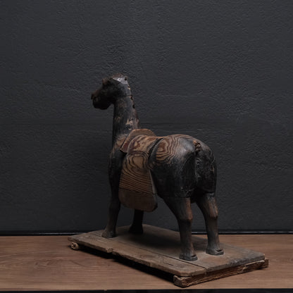 Carved wooden votive horse (shinme) from a Shinto shrine, on an inscribed Meiji-period base, view 11 of 21