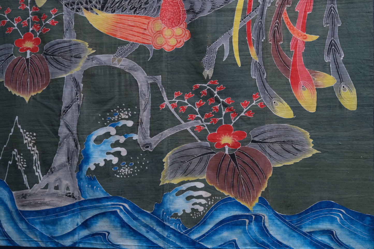 Detail of bold color preservation on late Meiji period Japanese futonji wedding textile