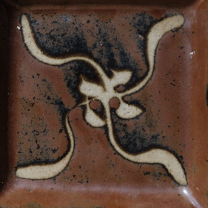 Shoji Hamada square stoneware dish with kaki glaze and wax-resist floral design, view 4 of 12