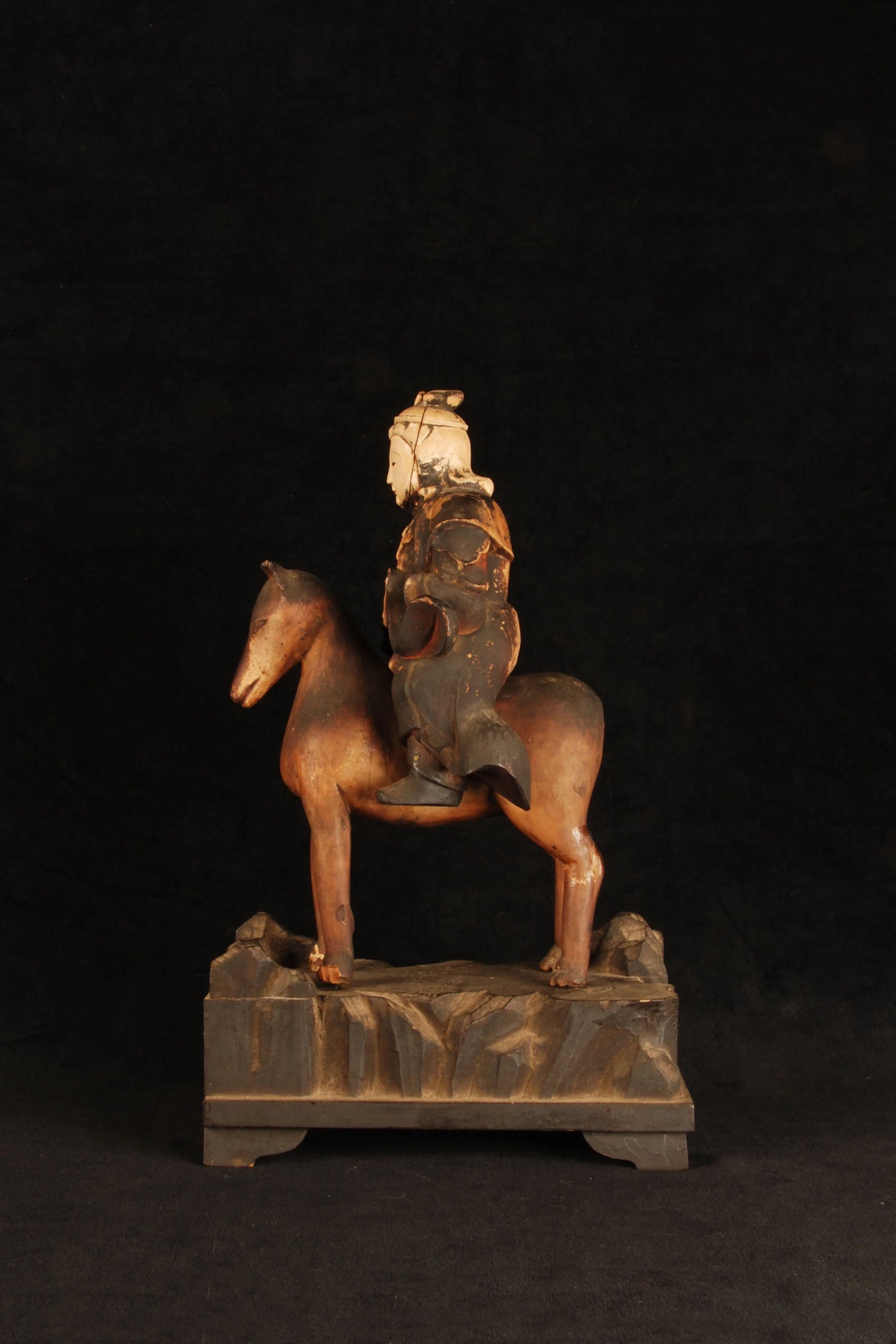 Full view of Edo period Japanese carved wood Inari god and fox, 17-inch height