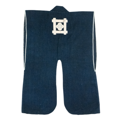Indigo cotton jinbaori (sleeveless samurai surcoat) with white piping and appliqué igeta crest, view 1 of 3