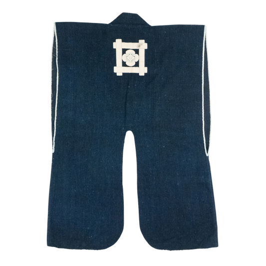 Indigo cotton jinbaori (sleeveless samurai surcoat) with white piping and appliqué igeta crest, view 1 of 3