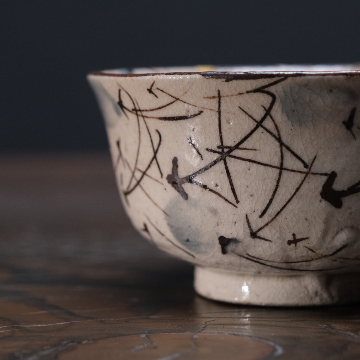 Kyo-yaki bowl with brushed susuki grass design and gold kintsugi repairs, view 4 of 10