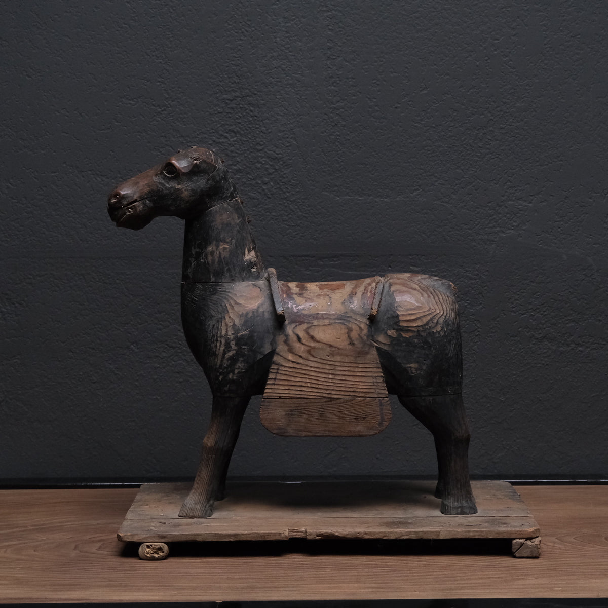 Carved wooden votive horse (shinme) from a Shinto shrine, on an inscribed Meiji-period base, view 10 of 21