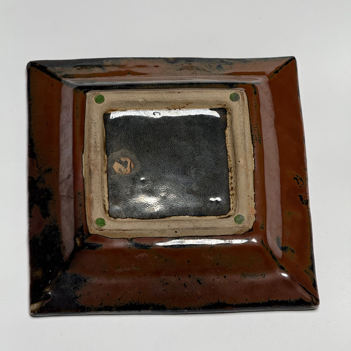 Shoji Hamada square stoneware dish with kaki glaze and wax-resist floral design, view 11 of 12