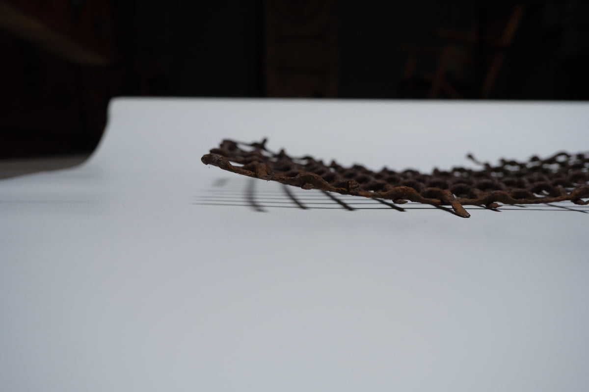 Section of rusted, bent iron lattice, view 7 of 9