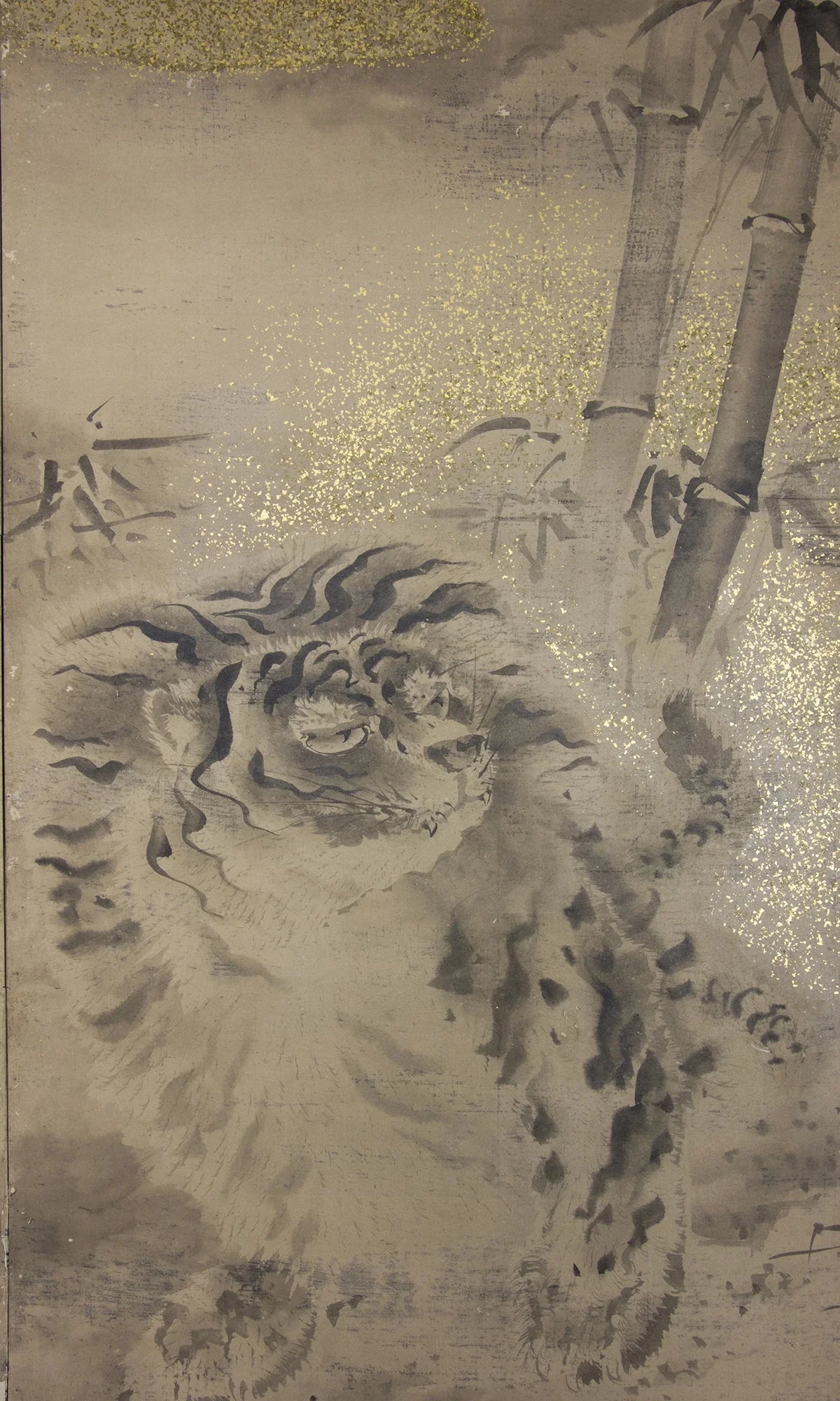 Alternate angle of early 19th century Japanese sumi-e tiger and bamboo screen