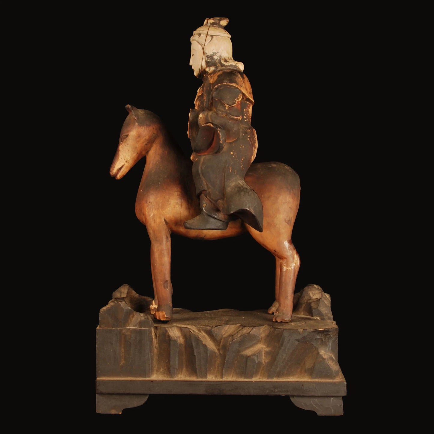 Japanese carved wood Inari god of rice and food riding a fox