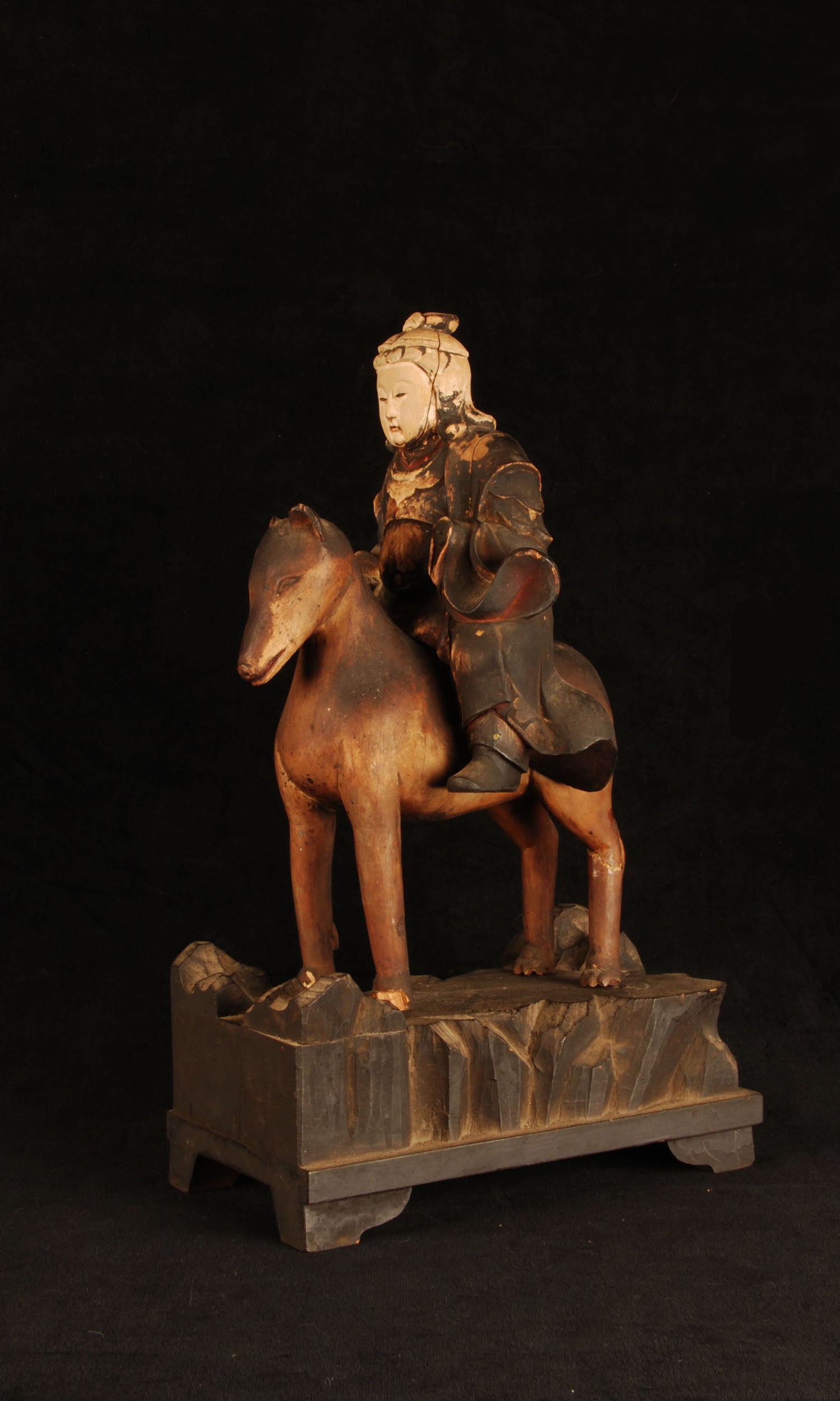 Edo period Inari god on fox side view showing carved wood pigment losses