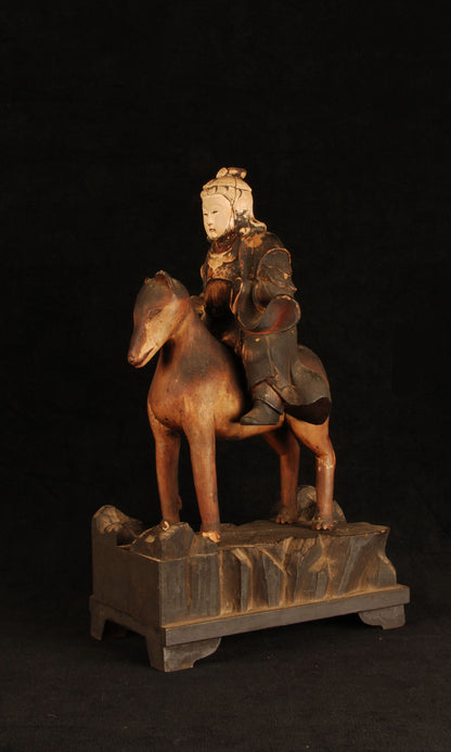 Edo period Inari god on fox side view showing carved wood pigment losses