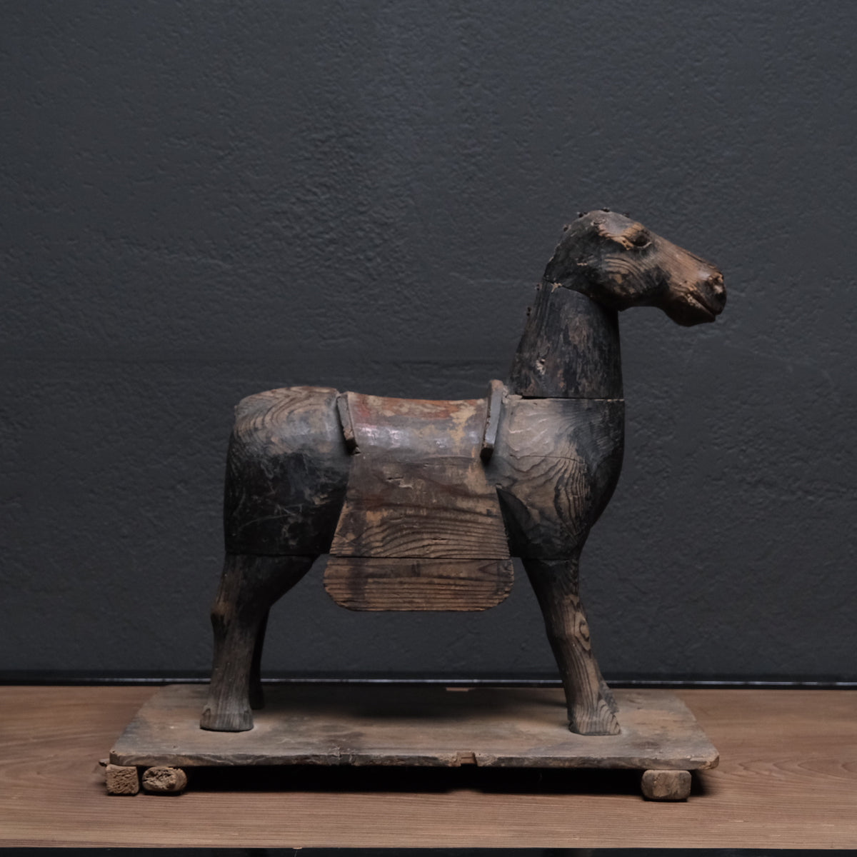 Carved wooden votive horse (shinme) from a Shinto shrine, on an inscribed Meiji-period base, view 6 of 21
