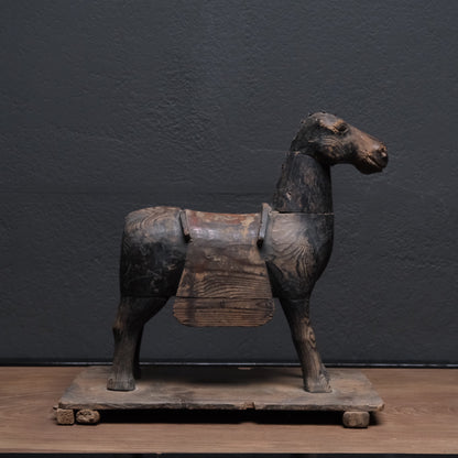 Carved wooden votive horse (shinme) from a Shinto shrine, on an inscribed Meiji-period base, view 6 of 21