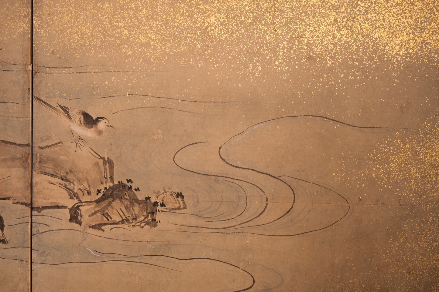 Full span of 19th century Kano school folding screen, 143x67 inches