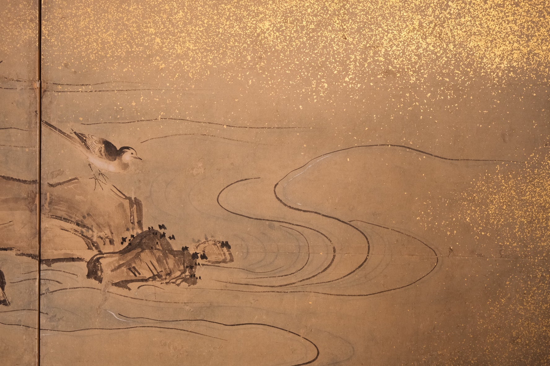 Full span of 19th century Kano school folding screen, 143x67 inches