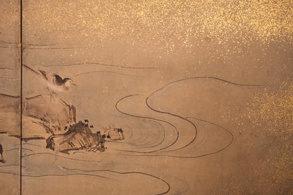 Full span of 19th century Kano school folding screen, 143x67 inches