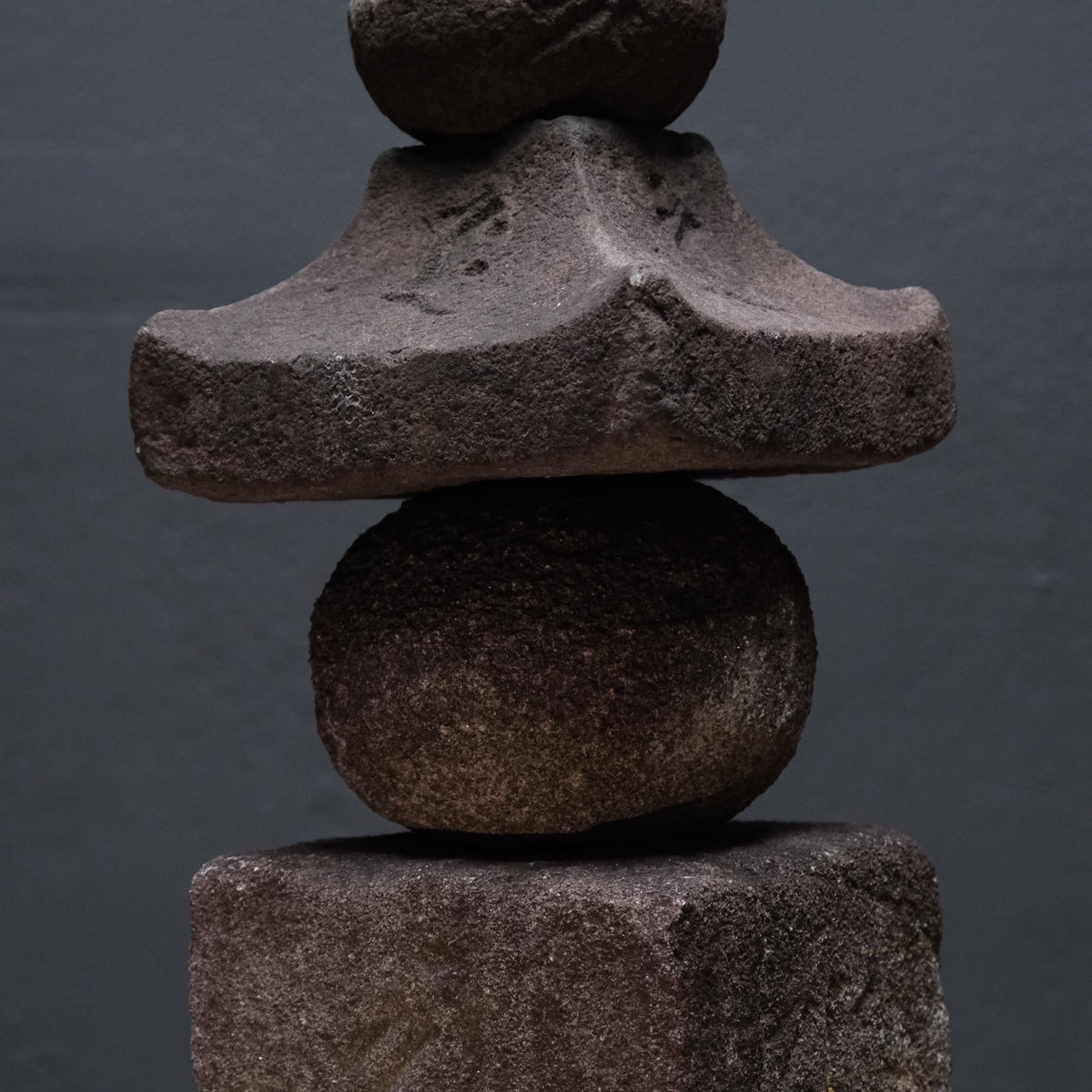 Weathered stone gorinto, a five-element Buddhist memorial stupa inscribed with Sanskrit seed characters, view 7 of 12