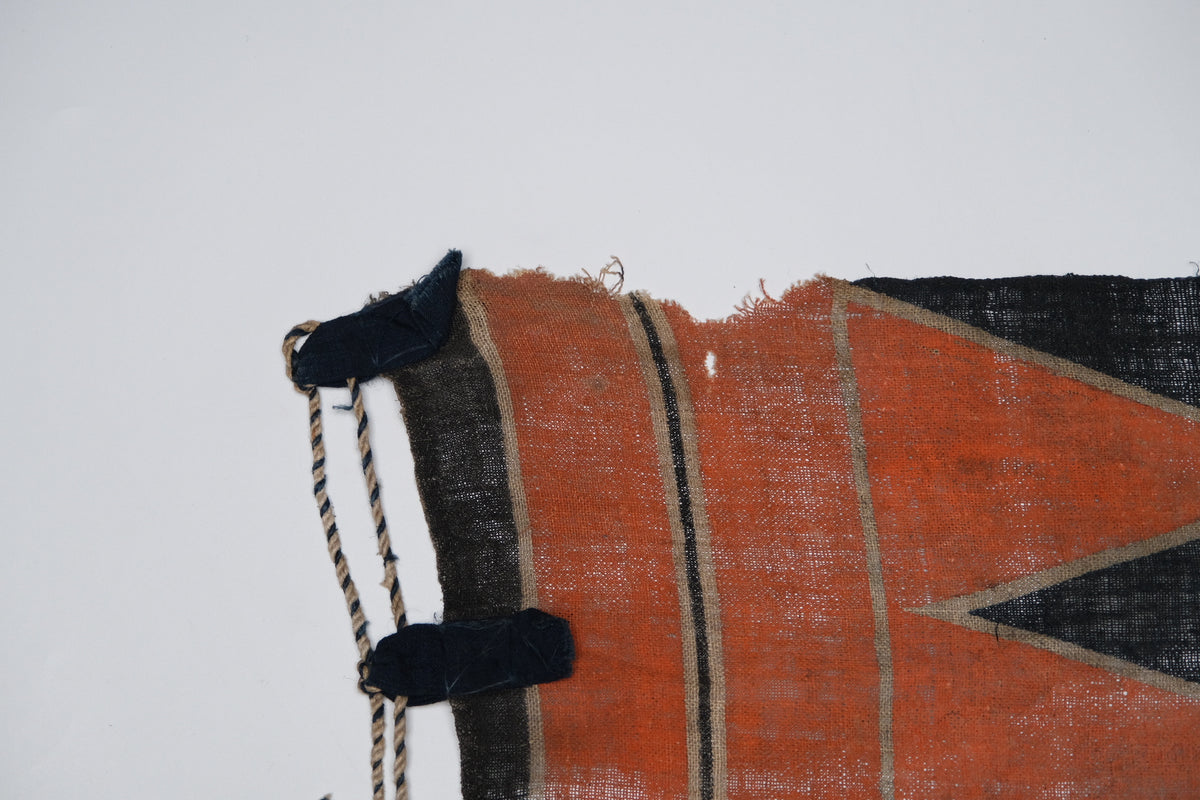 Indigo tsutsugaki horse wrap (umakake) with orange sawtooth design, view 5 of 7