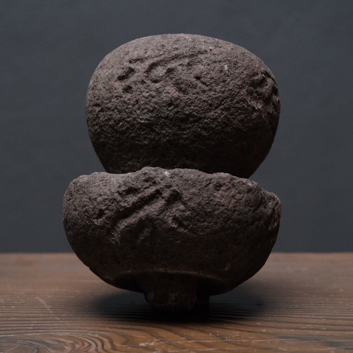 Weathered stone gorinto, a five-element Buddhist memorial stupa inscribed with Sanskrit seed characters, view 11 of 12