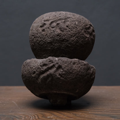 Weathered stone gorinto, a five-element Buddhist memorial stupa inscribed with Sanskrit seed characters, view 11 of 12
