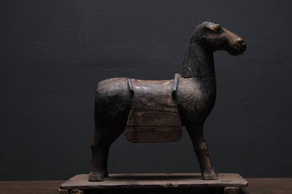 Carved wooden votive horse (shinme) from a Shinto shrine, on an inscribed Meiji-period base, view 3 of 21