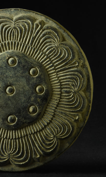 Full view of Muromachi period Japanese ceramic lotus roof tile on metal stand