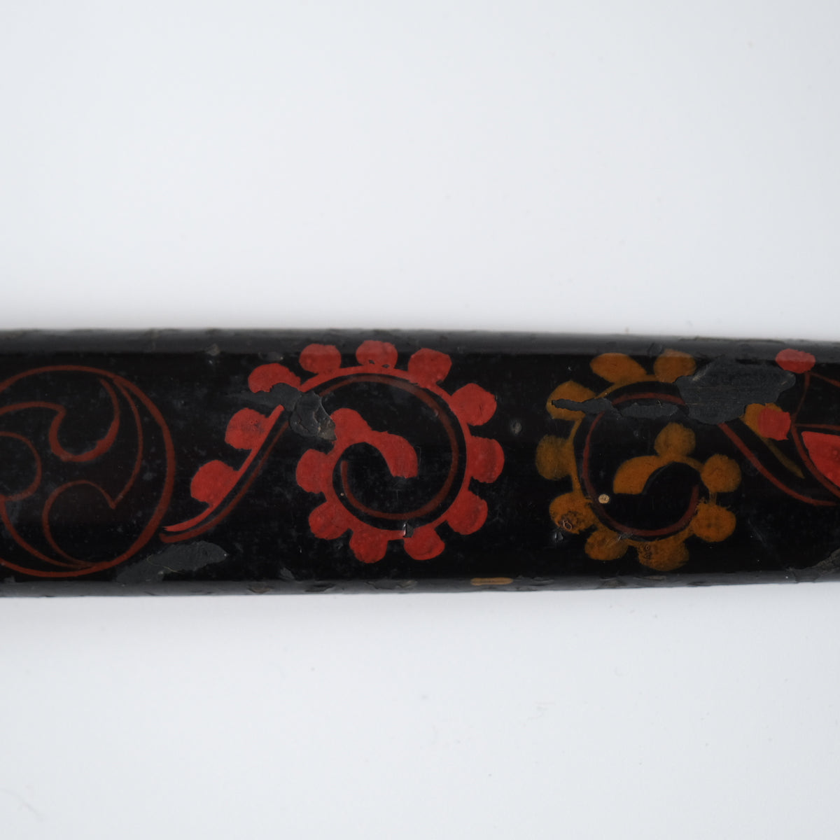 Ainu ikupasuy prayer stick in black lacquer painted with scrolling stems, red commas and gold rosettes, view 6 of 12